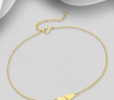 925 Sterling Silver Heart Bracelet, Heart Plated with 1 Micron 14K or 18K Yellow Gold