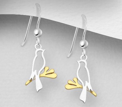 925 Sterling Silver Branch and Bird Hook Earrings, Branch Plated with 1 micron 18K Yellow Gold