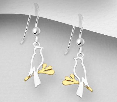 Malın səhifəsinə keç 925 Sterling Silver Branch and Bird Hook Earrings, Branch Plated with 1 micron 18K Yellow Gold