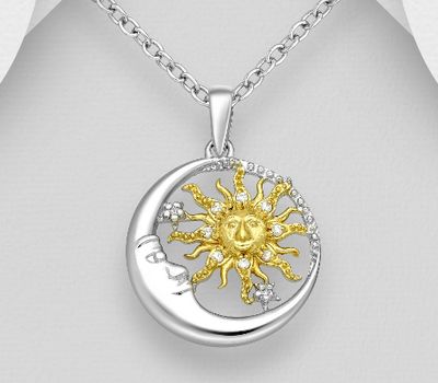 925 Sterling Silver Crescent Moon Face Pendant Featuring Sun, Decorated with CZ Simulated Diamonds, Sun is Plated with 1 Micron 18K Yellow Gold