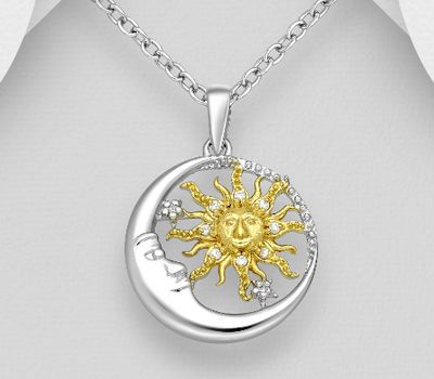 Şəkli böyütmək üçün tiklayın 925 Sterling Silver Crescent Moon Face Pendant Featuring Sun, Decorated with CZ Simulated Diamonds, Sun is Plated with 1 Micron 18K Yellow Gold