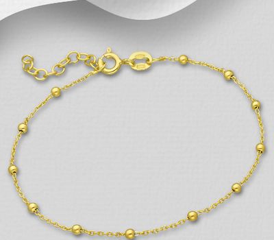 ITALIAN DELIGHT - 925 Sterling Silver Ball Bracelet, Plated with 0.5 Micron 18K Yellow Gold, Ball Width is 2 mm, Made in Italy.