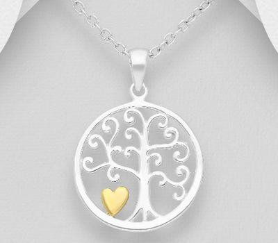925 Sterling Silver Tree of Life Pendant, Heart Plated with 1 Micron 14K or 18K Yellow Gold