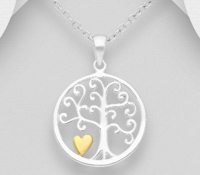 Şəkli böyütmək üçün tiklayın 925 Sterling Silver Tree of Life Pendant, Heart Plated with 1 Micron 14K or 18K Yellow Gold
