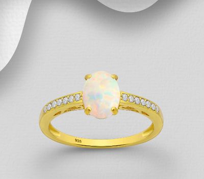 925 Sterling Silver Ring Decorated with Lab-Created Opal, CZ Simulated Diamonds, Plated with 1 Micron 18K Yellow Gold