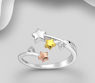925 Sterling Silver Adjustable Star Ring, Decorated with CZ Simulated Diamonds, Star Plated with 1 Micron 18K Yellow Gold and 1 Micron Pink Gold.