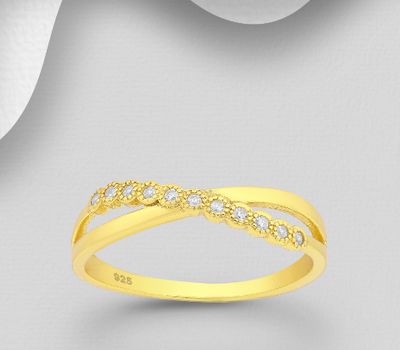 925 Sterling Silver Ring Decorated with CZ Simulated Diamonds, Plated with 1 Micron 18K Yellow Gold