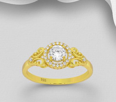 925 Sterling Silver Swirl Ring Decorated with CZ Simulated Diamonds, Plated with 1 Micron 18K Yellow Gold