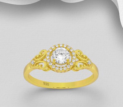 Şəkli böyütmək üçün tiklayın 925 Sterling Silver Swirl Ring Decorated with CZ Simulated Diamonds, Plated with 1 Micron 18K Yellow Gold