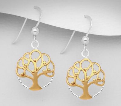 925 Sterling Silver Tree of Life Hook Earrings, Plated with 1 Micron 18K Yellow Gold