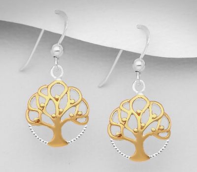 Şəkli böyütmək üçün tiklayın 925 Sterling Silver Tree of Life Hook Earrings, Plated with 1 Micron 18K Yellow Gold