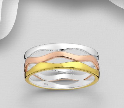 925 Sterling Silver Layered Band Ring, Plated with 1 Micron 18K Yellow Gold and 1 Micron Pink Gold