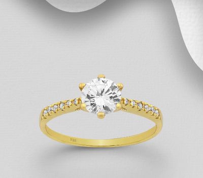 925 Sterling Silver Ring Decorated with CZ Simulated Diamonds, Plated with 1 Micron 14K Yellow Gold or 1 Micron 18K Yellow Gold