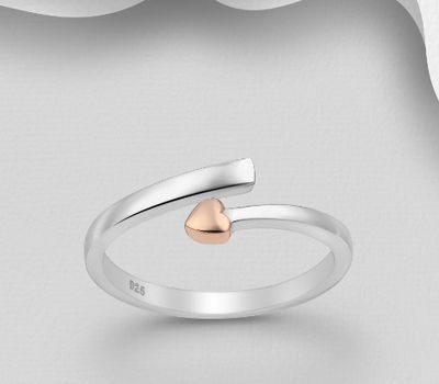 925 Sterling Silver Adjustable Heart Ring, Heart Plated with 1 Micron Pink Gold