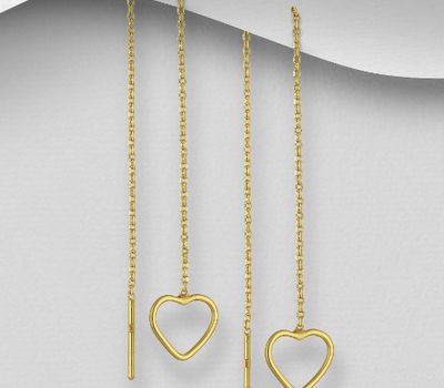 Şəkli böyütmək üçün tiklayın 925 Sterling Silver Heart Threader Earrings, Plated with 1 Micron 14K or 18K Yellow Gold