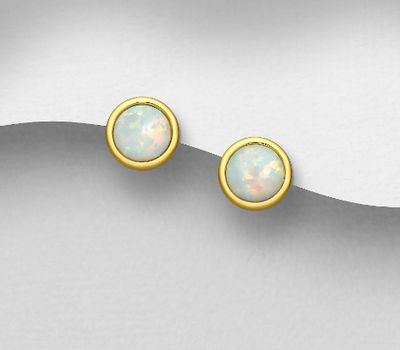 Şəkli böyütmək üçün tiklayın 925 Sterling Silver Push-Back Earrings, Decorated with Lab-Created Opal, Plating with 1 Micron 18K Yellow Gold