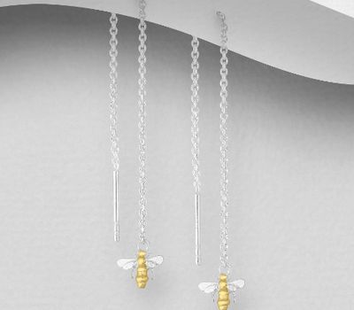 925 Sterling Silver Bee Threader Earrings, Body Plated with 1 Micron 14K or 18K Yellow Gold