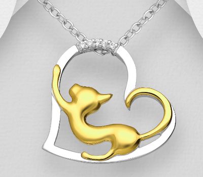 925 Sterling Silver Cat and Heart Pendant, Decorated with CZ Simulated Diamonds, Cat Plated with 1 Micron 14K or 18K Yellow Gold