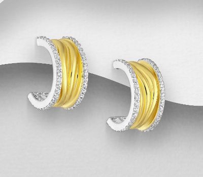 925 Sterling Silver Push-Back Earrings, Decorated with CZ Simulated Diamonds, Plated with 1 Micron 18K Yellow Gold