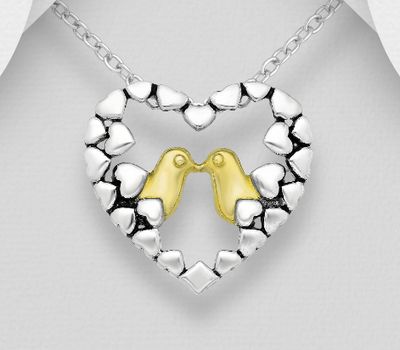 925 Sterling Silver Oxidized Heart Pendant, Birds Plated with 14K Yellow Gold