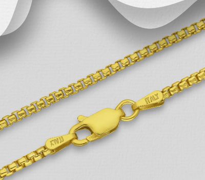 ITALIAN DELIGHT - 925 Sterling Silver Box Chain, Plated with 0.5 Micron 18K Yellow Gold, 1.9 mm Wide, Made in Italy.