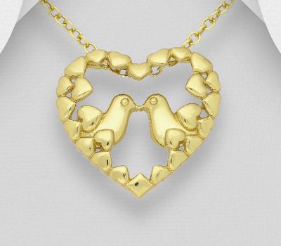 925 Sterling Silver Heart and Bird Pendant Plated with 1 Micron 14K Yellow Gold