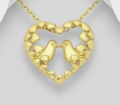 Şəkli böyütmək üçün tiklayın 925 Sterling Silver Heart and Bird Pendant Plated with 1 Micron 14K Yellow Gold