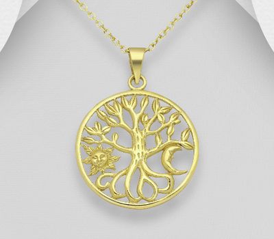 925 Sterling Silver Moon, Sun and Tree of Life Pendant, Plated with 1 Micron 14K Yellow Gold