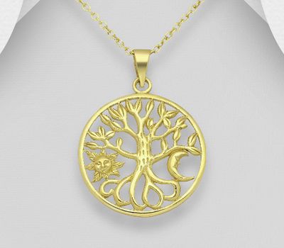 Şəkli böyütmək üçün tiklayın 925 Sterling Silver Moon, Sun and Tree of Life Pendant, Plated with 1 Micron 14K Yellow Gold