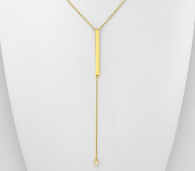 925 Sterling Silver Necklace Featuring Bar Decorated with CZ Simulated Diamond, Plated with 1 Micron 14K or 18K Yellow Gold