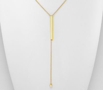 Şəkli böyütmək üçün tiklayın 925 Sterling Silver Necklace Featuring Bar Decorated with CZ Simulated Diamond, Plated with 1 Micron 14K or 18K Yellow Gold