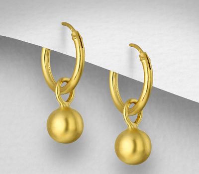 925 Sterling Silver Hoop Earrings with Ball Charm, Plated with 1 Micron 14K or 18K Yellow Gold