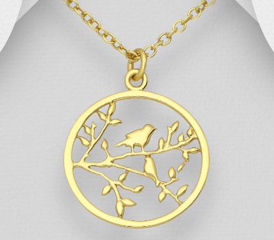 925 Sterling Silver Bird, Branch and Leaf Pendant, Plated with 1 Micron 14K Yellow Gold