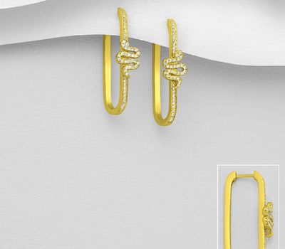 Şəkli böyütmək üçün tiklayın 925 Sterling Silver Rectangle Snake Hoop Earrings, Decorated with CZ Simulated Diamonds, Plated with 1 Micron 14K or 18K Yellow Gold