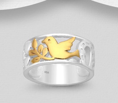 925 Sterling Silver Clover, Flower, Flower Heart, Horseshoe, Bird and Leaf Ring, Bird and Leaf Plated with 1 Micron 18K Yellow Gold