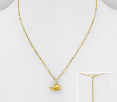 Şəkli böyütmək üçün tiklayın 925 Sterling Silver Fish Necklace, Plated with 1 Micron 18K Yellow Gold