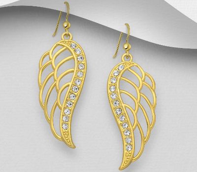 925 Sterling Silver Wings Earrings, Decorated with Crystal Glass and Plated with Yellow Gold