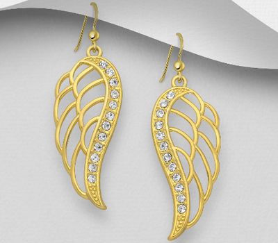 Şəkli böyütmək üçün tiklayın 925 Sterling Silver Wings Earrings, Decorated with Crystal Glass and Plated with Yellow Gold