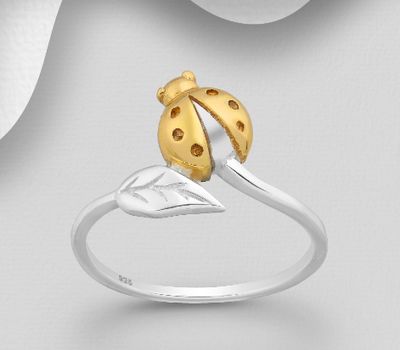 925 Sterling Silver Leaf Ring, Ladybug Plated with 1 Micron 14K or 18K Yellow Gold