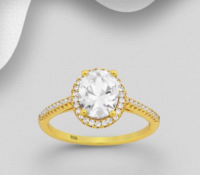 Şəkli böyütmək üçün tiklayın 925 Sterling Silver Halo Ring Decorated with CZ Simulated Diamonds, Plated with 1 Micron 18K Yellow Gold