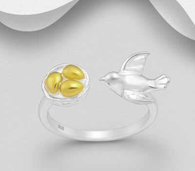 925 Sterling Silver Adjustable Ring, Featuring Bird and Nest, Eggs Plated with 1 Micron 18K Yellow Gold
