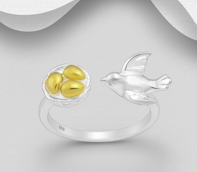 Şəkli böyütmək üçün tiklayın 925 Sterling Silver Adjustable Ring, Featuring Bird and Nest, Eggs Plated with 1 Micron 18K Yellow Gold