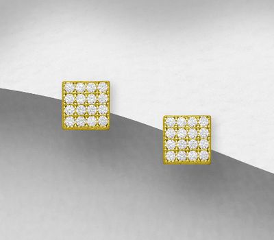 Şəkli böyütmək üçün tiklayın 925 Sterling Silver Square Push-Back Earrings, Decorated with CZ Simulated Diamond and Plated with 1 Micron 14K or 18K Yellow Gold