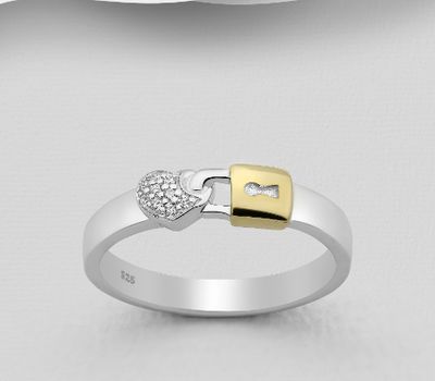 Şəkli böyütmək üçün tiklayın 925 Sterling Silver Heart and Lock Ring Decorated with CZ Simulated Diamonds, Lock Plated with 1 Micron 18K Yellow Gold