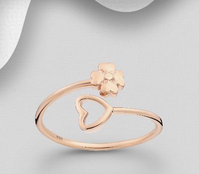 925 Sterling Silver Adjustable Ring Featuring Flower and Heart, Plated with 1 Micron Pink Gold
