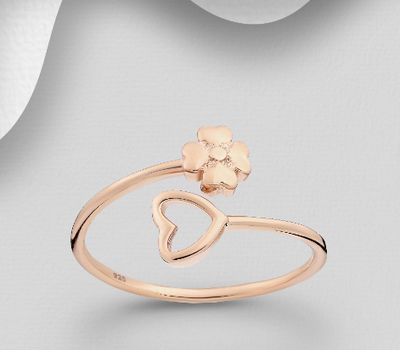 Şəkli böyütmək üçün tiklayın 925 Sterling Silver Adjustable Ring Featuring Flower and Heart, Plated with 1 Micron Pink Gold