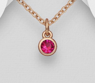 925 Sterling Silver Solitaire Birthstone Pendant, Decorated with Various Color CZ Simulated Diamond, Plated with 1 Micron Pink Gold