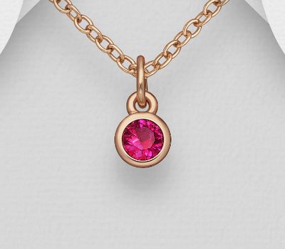Şəkli böyütmək üçün tiklayın 925 Sterling Silver Solitaire Birthstone Pendant, Decorated with Various Color CZ Simulated Diamond, Plated with 1 Micron Pink Gold