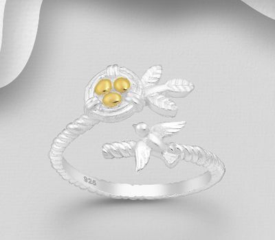 925 Sterling Silver Adjustable Ring Featuring Bird and Nest, Eggs Plated with 1 Micron 18K Yellow Gold