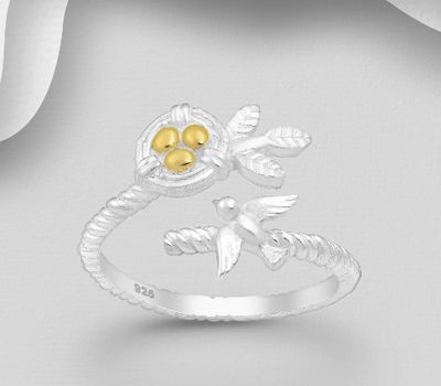 Malın səhifəsinə keç 925 Sterling Silver Adjustable Ring Featuring Bird and Nest, Eggs Plated with 1 Micron 18K Yellow Gold
